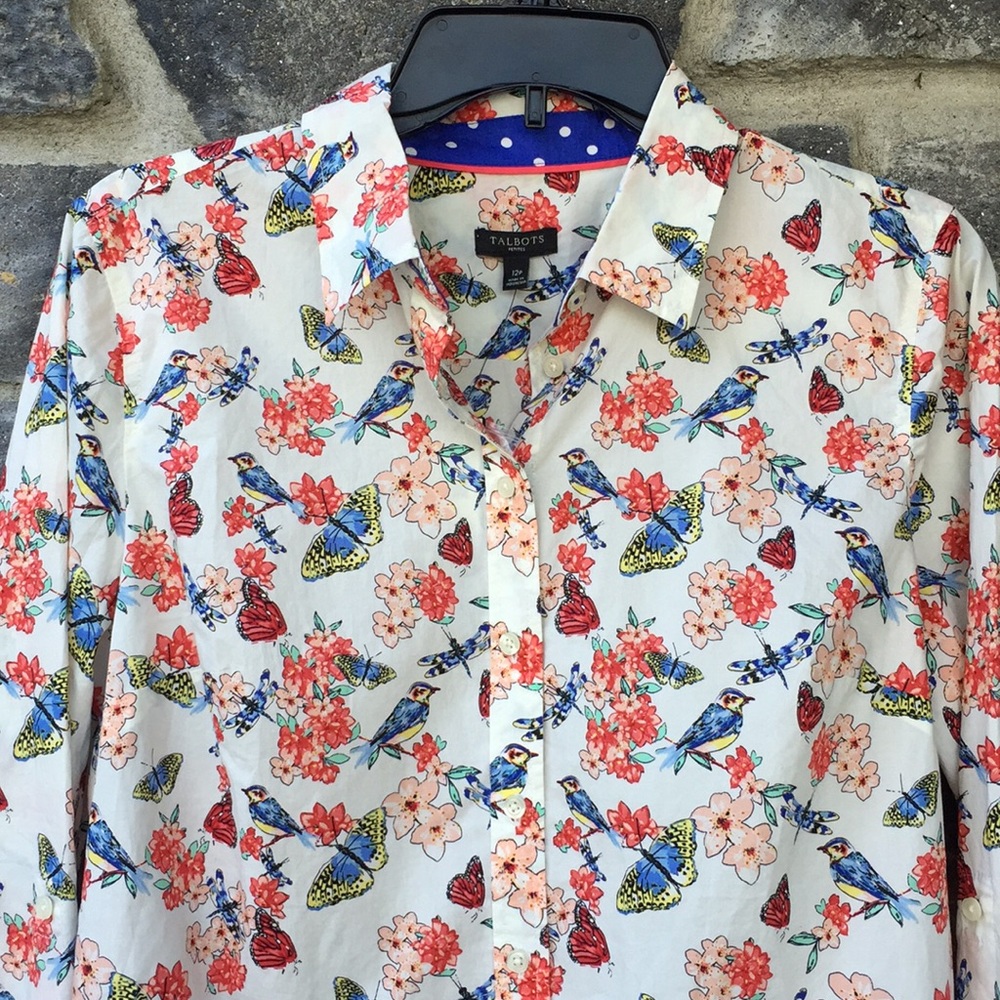 Talbots Floral Bird Print Button Up Blouse Long Sleeve Size PL - Picture 2 of 7